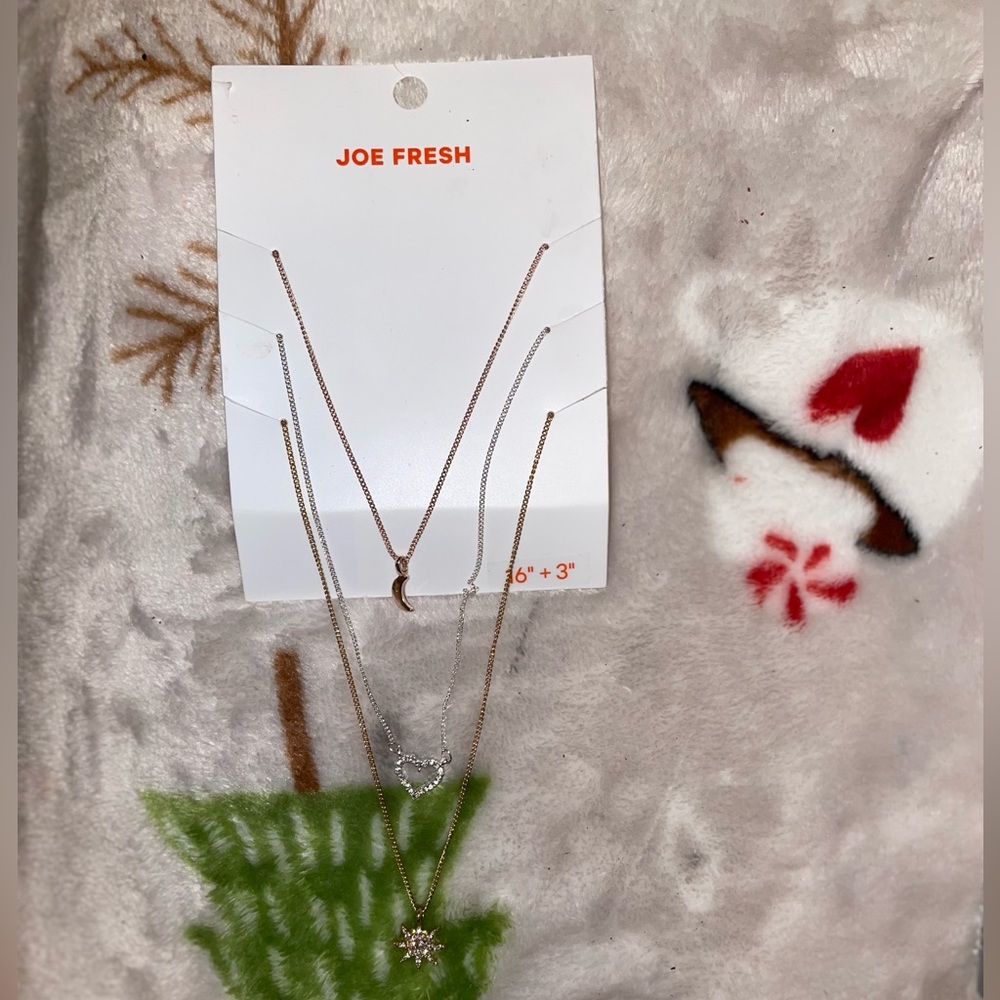 Joe Fresh 3 Piece heart moon and sun necklace set still in package